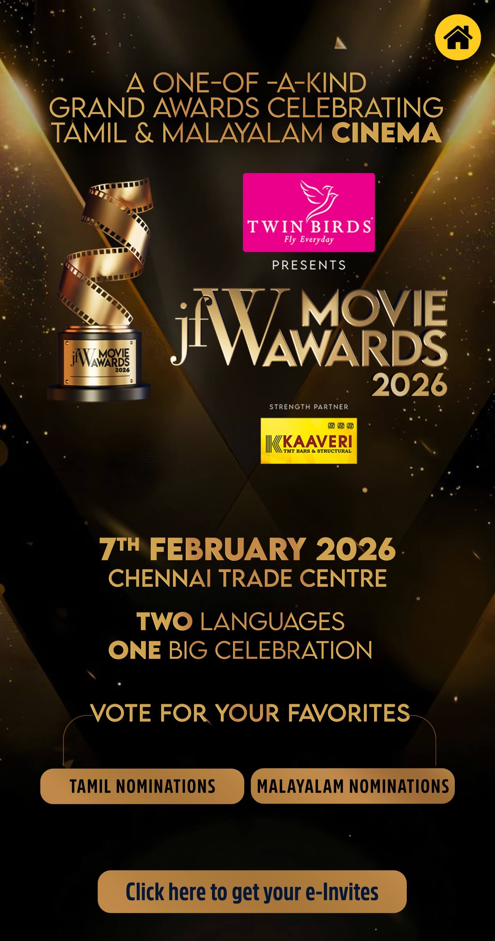 JFW Movie Awards 2026 poster celebrating Tamil and Malayalam cinema, presented by Twin Birds, held on 7th February 2026 at Chennai Trade Centre, featuring vote buttons for Tamil and Malayalam nominations and an option to get e-invites